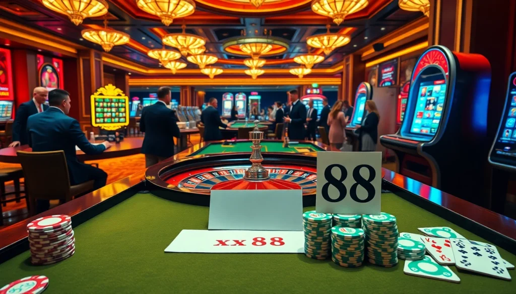 Experience the thrill of placing bets at the xx 88 roulette table with eager players and vibrant slot machines.